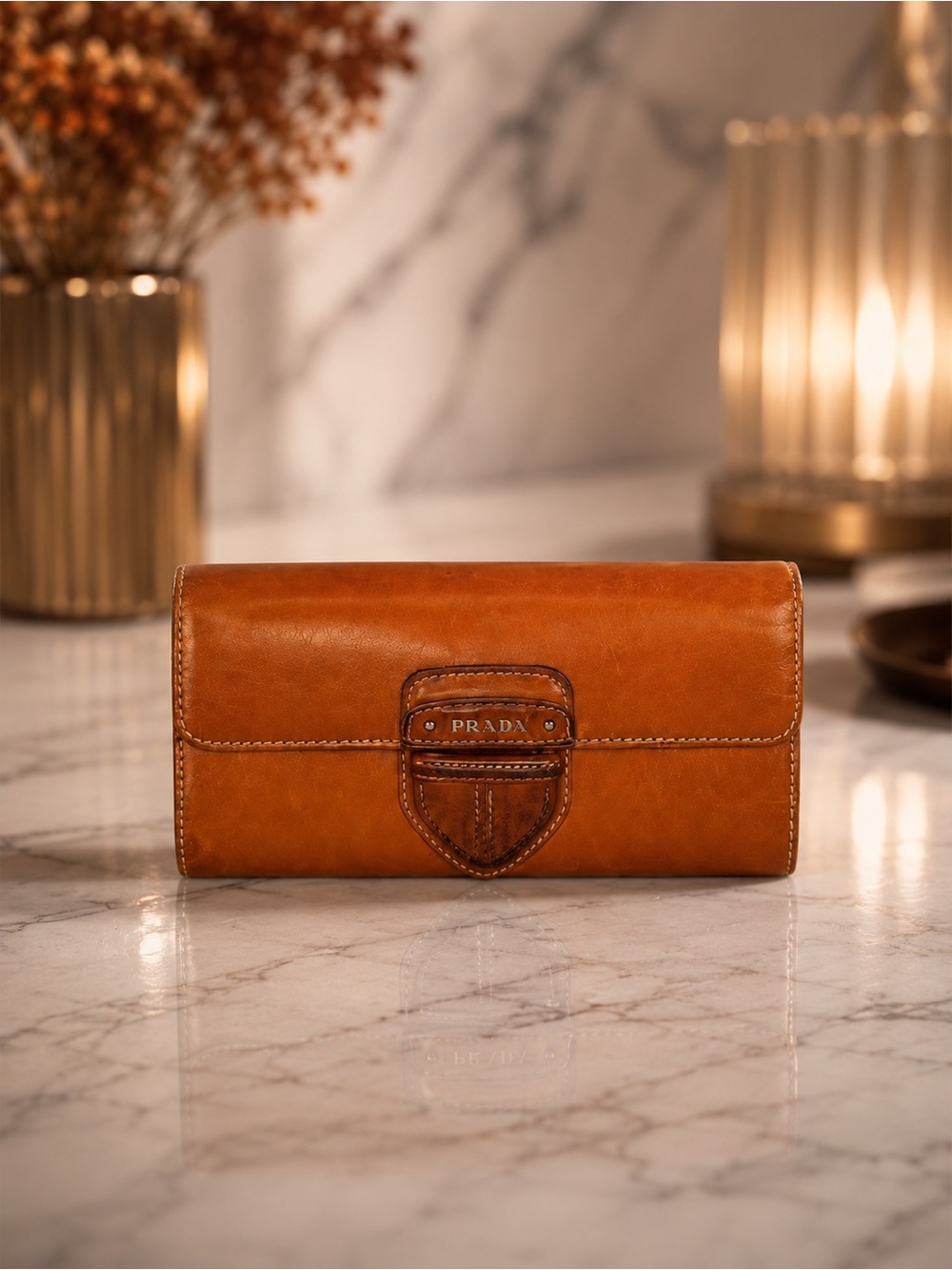 Prada City Calf Leather Long Wallet | Aragošta Brown | Full Inclusion